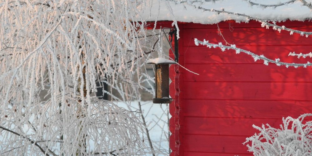 winter, snow, a garden's hut, december, snowy branches, shrub, winter landscape, nature, garden, bird feeder